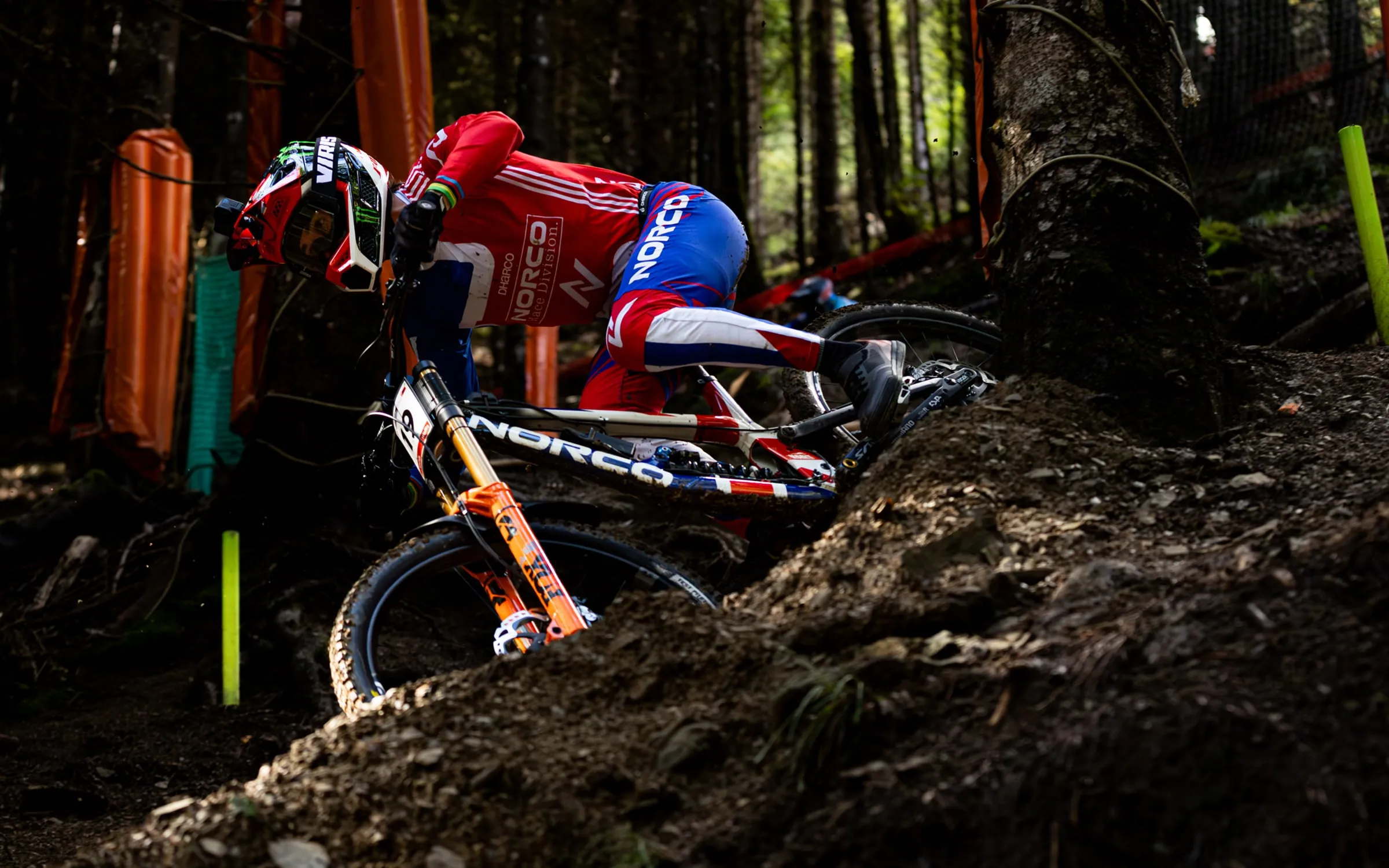 Danny Hart dropping through the roots at the Champéry World Championships